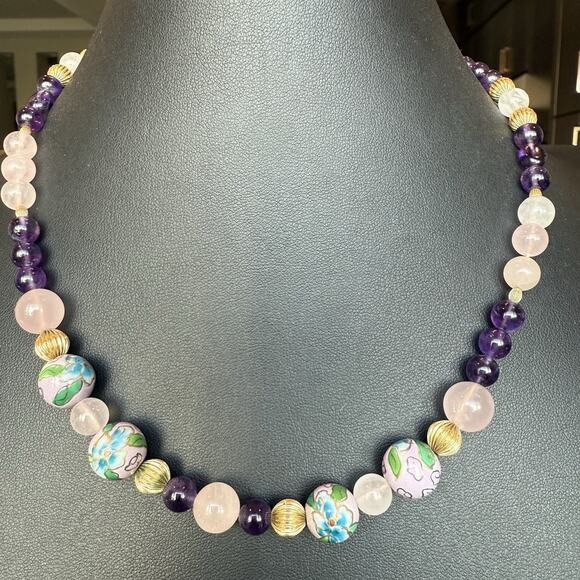 Vtg Chinese Rose Quartz Amethyst 11mm Cloisonné Bead 18” Necklace Gold Filled - Picture 1 of 8
